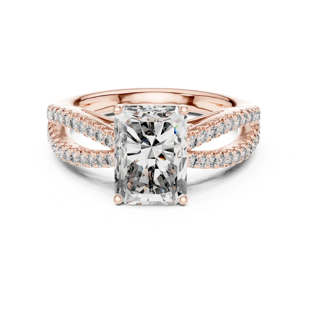 Rose gold ring with a large natural diamond and smaller natural diamonds on the band against a white background