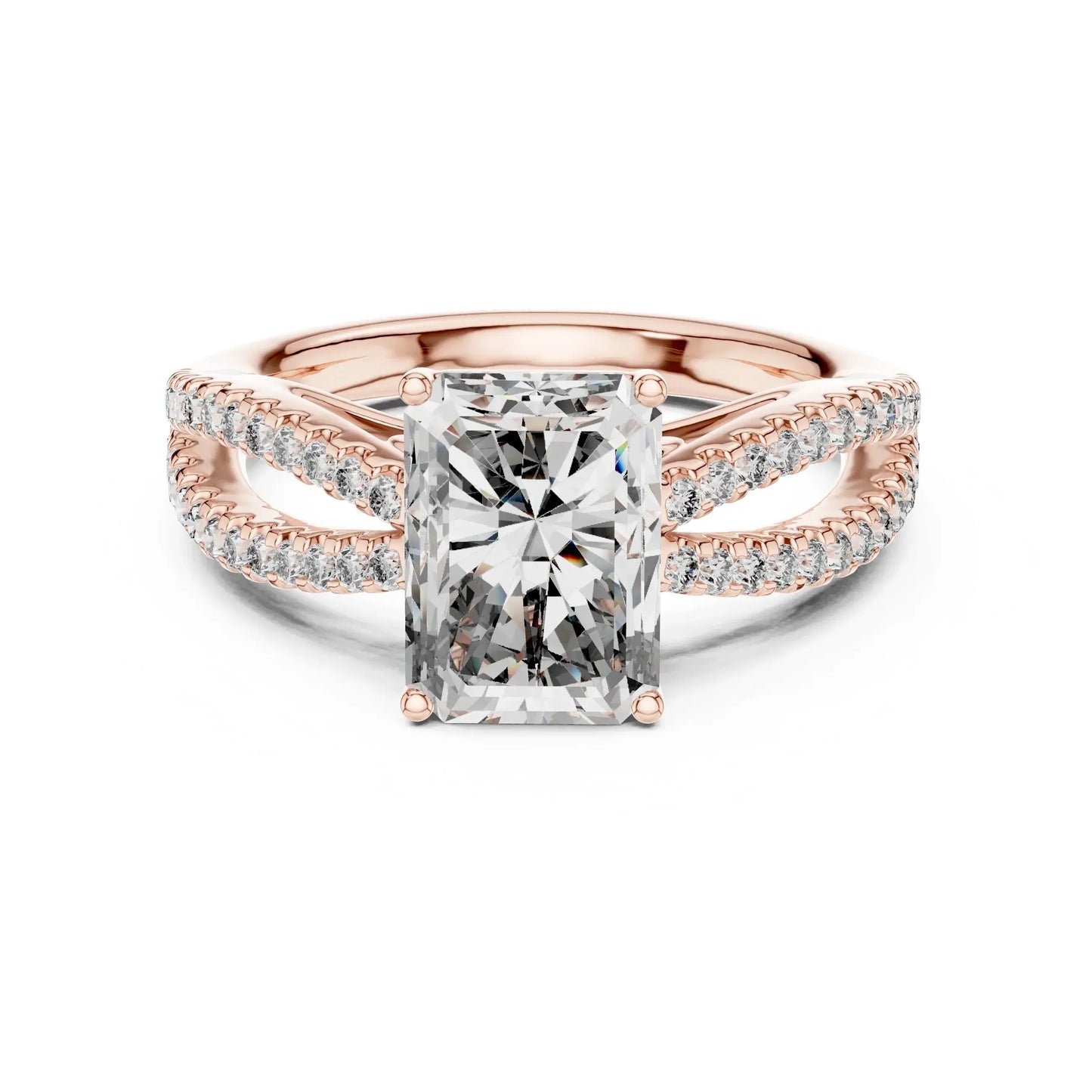 Rose gold ring with a large natural diamond and smaller natural diamonds on the band against a white background