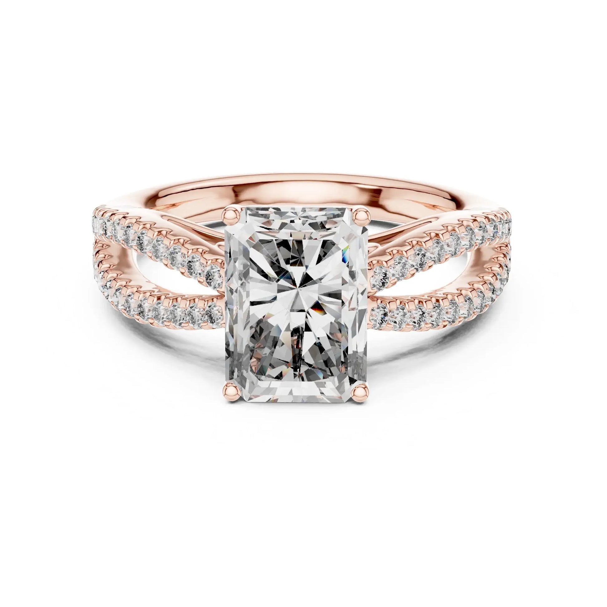Rose gold ring with a large natural diamond and smaller natural diamonds on the band against a white background