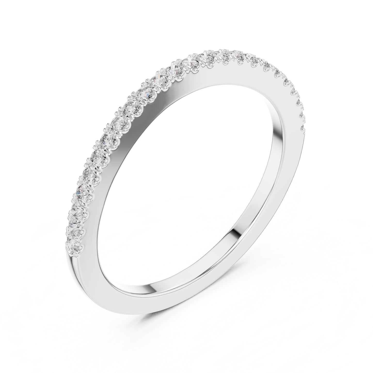 White gold ring with small natural round diamonds on a white background