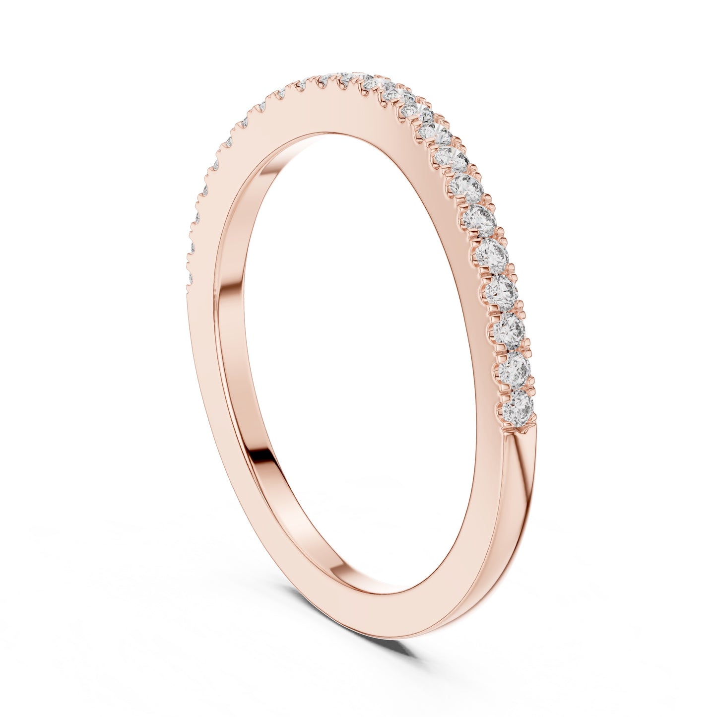 Rose gold ring with small round natural diamonds on a white background