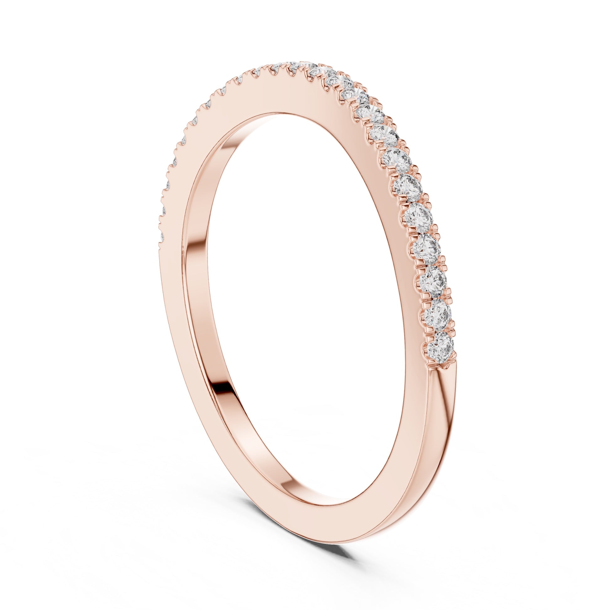 Rose gold ring with small round natural diamonds on a white background