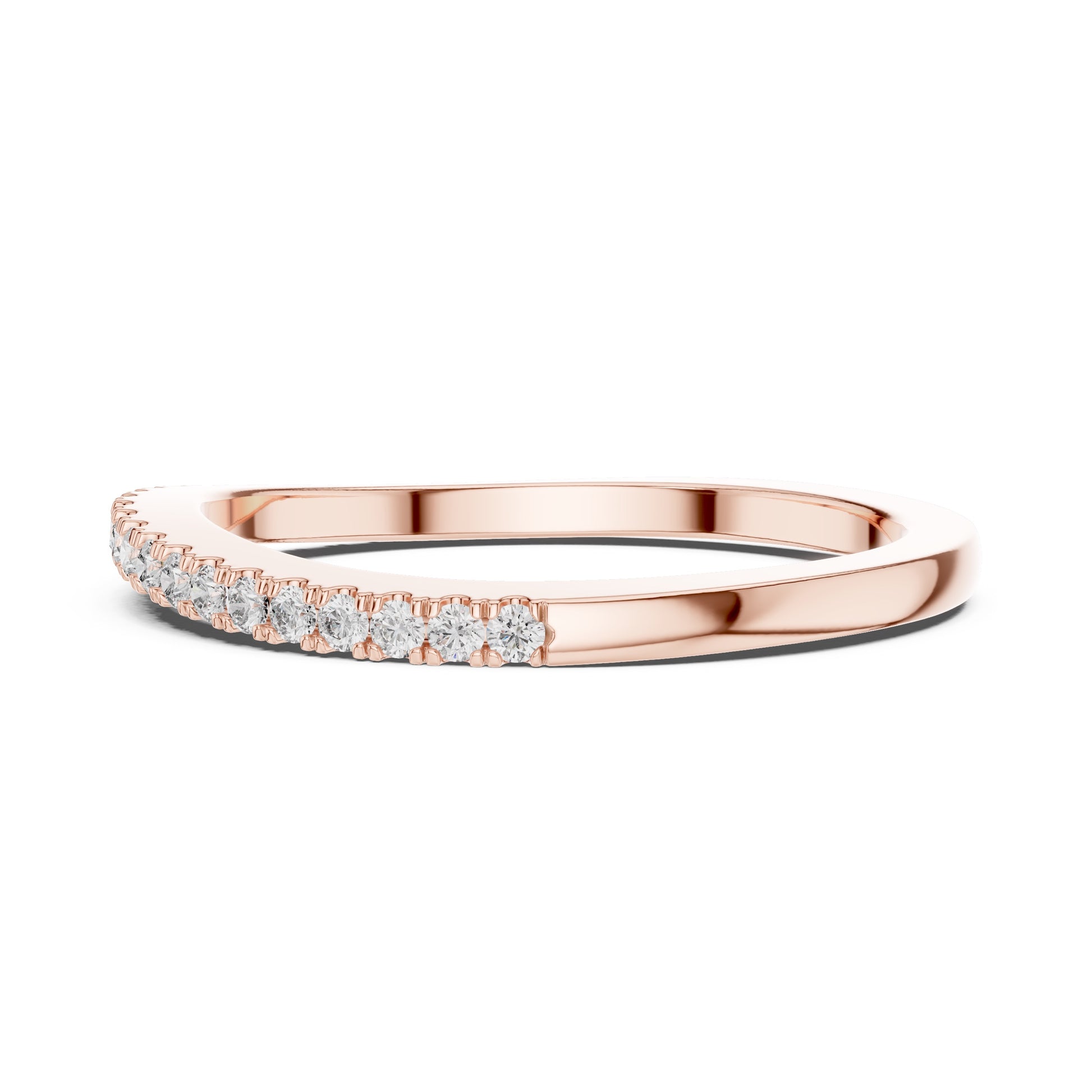 Rose gold ring with small round natural diamonds on a white background