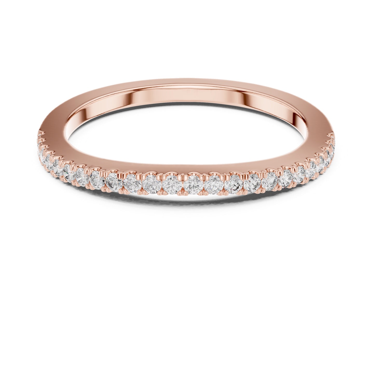 Rose gold ring with natural round diamonds on a white background