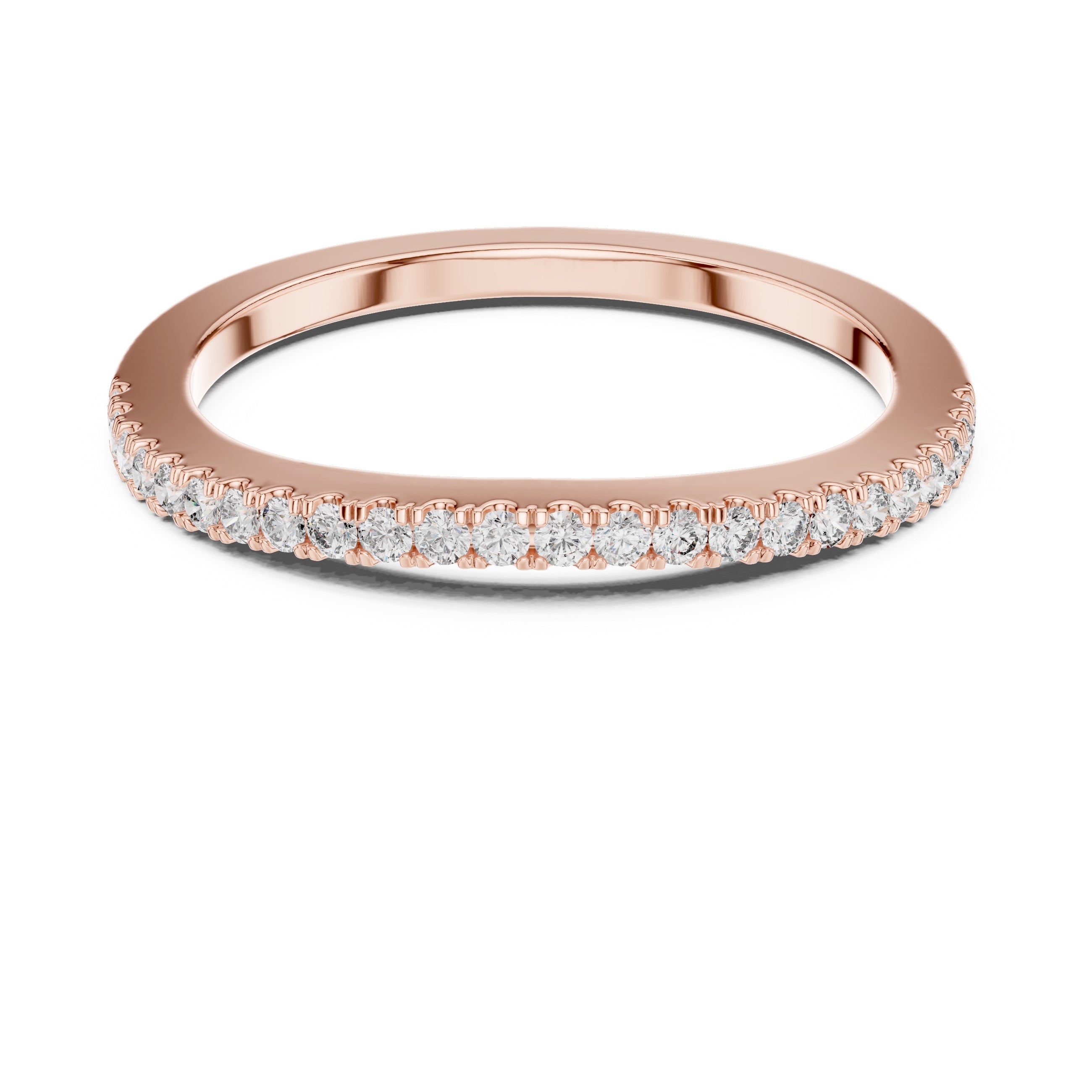 Rose gold ring with natural round diamonds on a white background