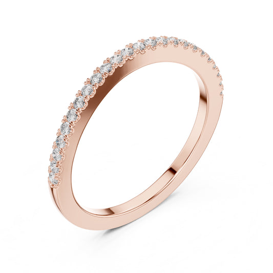 Rose gold ring with small natural round diamonds on a white background
