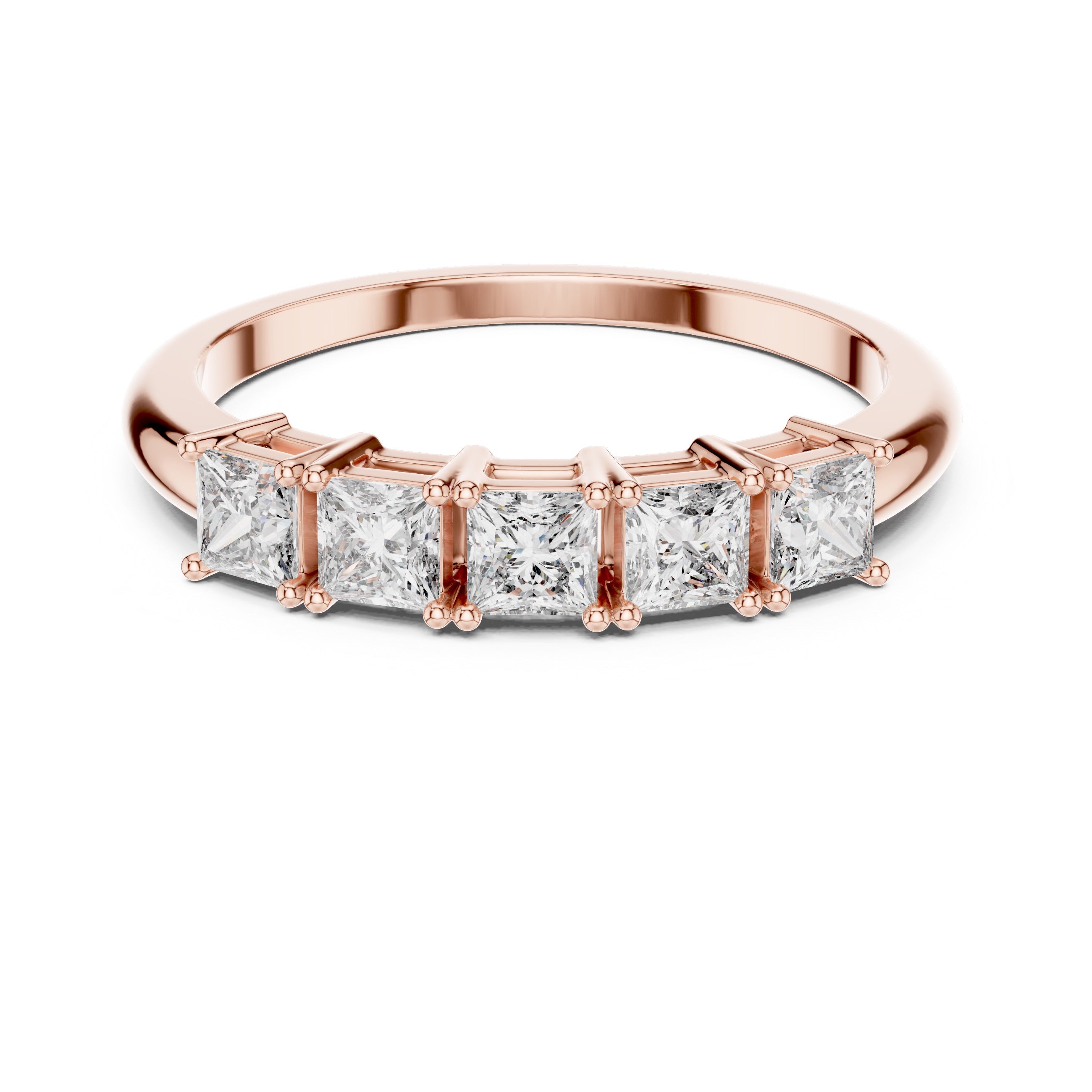 Rose gold ring with five princess cut  diamonds on a white background