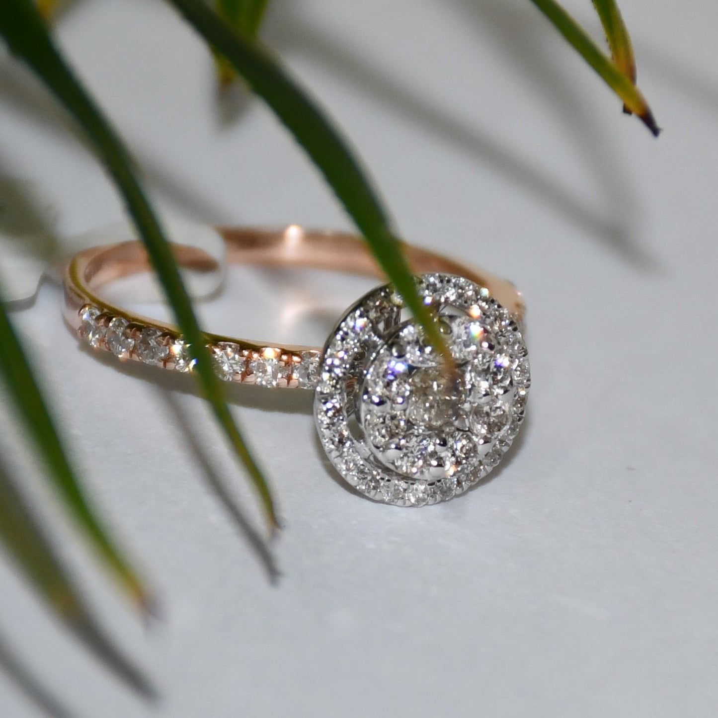 A diamond ring is displayed on a reflective surface with a leafy background.