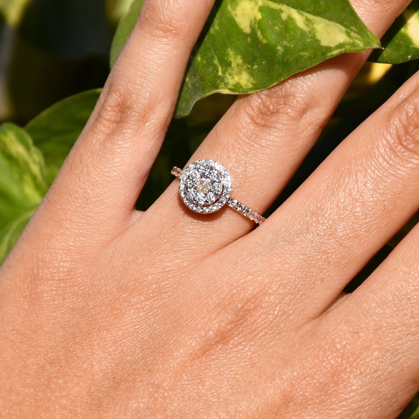 A person's hand holding a diamond ring with a leafy background.