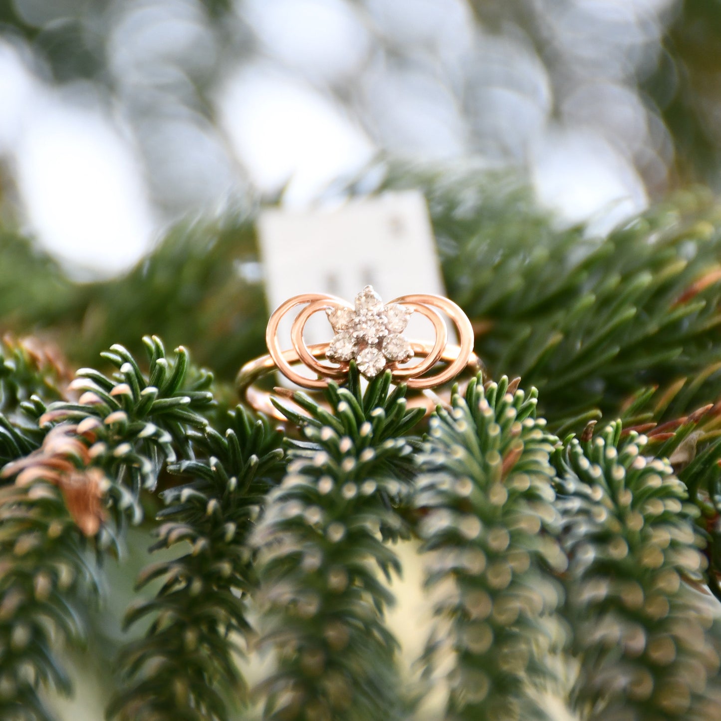 Delicate rose gold ring featuring a floral cluster of round diamonds at the center, showcased on green and white variegated leaves.