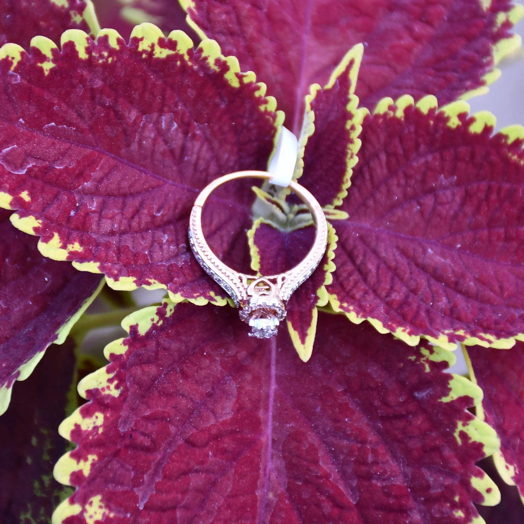 Close-up of a gold diamond ring displayed on a pink and light yellow color flower, featuring a round-cut center diamond surrounded by a delicate halo and a tapered band accented with small pavé-set diamonds and fine milgrain detailing.